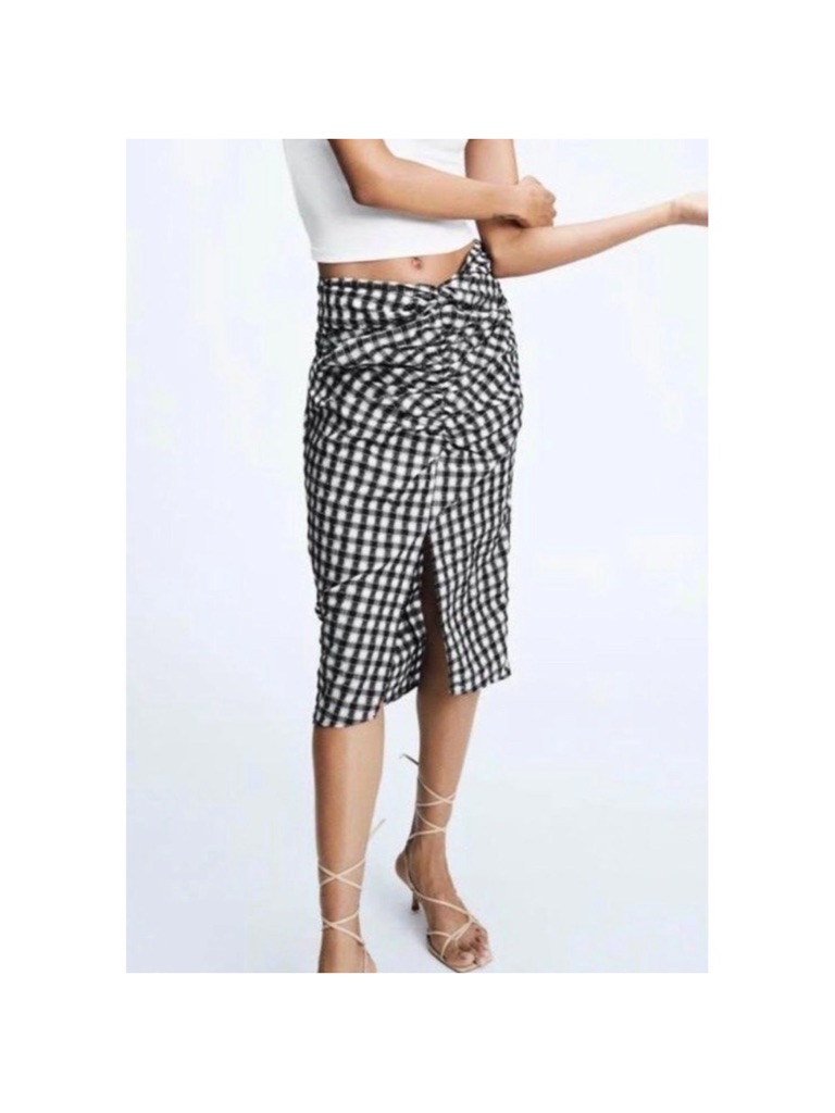Zara Black & White Gingham Twist-Front Midi Skirt